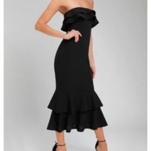 Black Lulus Ruffled Strapless Midi Dress